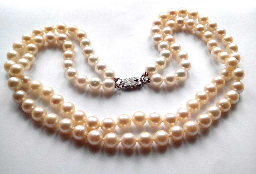 Κολιέ 18 kt λευκόχρυσο - Akoyaperlen έως 8 mm σε ελαφρύ χρωματικό βαθμό - διπλής σειράς #2.1