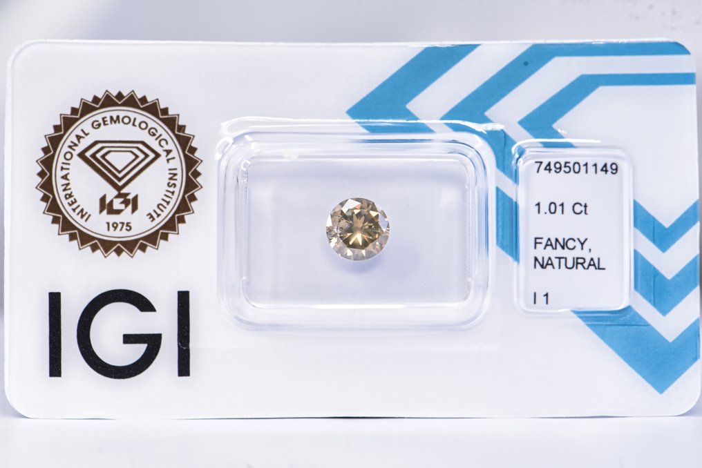 没有保留价 - 1 pcs 钻石  (天然色彩的)  - 1.01 ct - 圆形 - Fancy 稍帶棕色的, 绿色 黄色 - I1 内含一级 - 国际宝石研究院（IGI） - VG #1.0