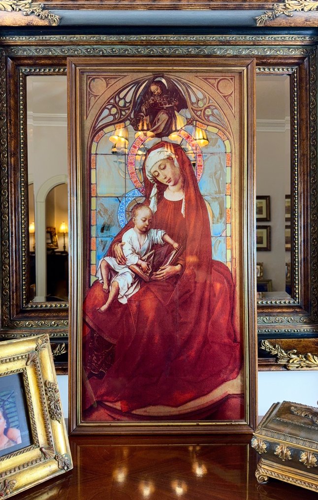 Rogier van der Weyden (aprés) - Καθρέφτης τοίχου- Μαντόνα Ντουράν, Παρθένος Μαρία με κόκκινο  - Κρύσταλλο, Καθρέφτης (σε στιλ βιτρό) - 90 x 45 εκ. #1.0