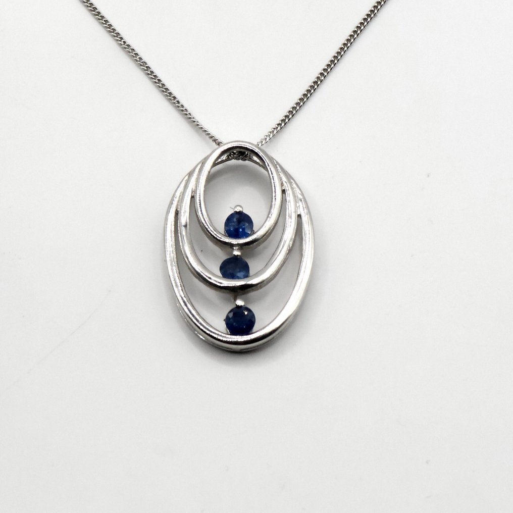 银, 925纯银与蓝宝石 - 吊坠项链 - Art Deco 几何 #1.0