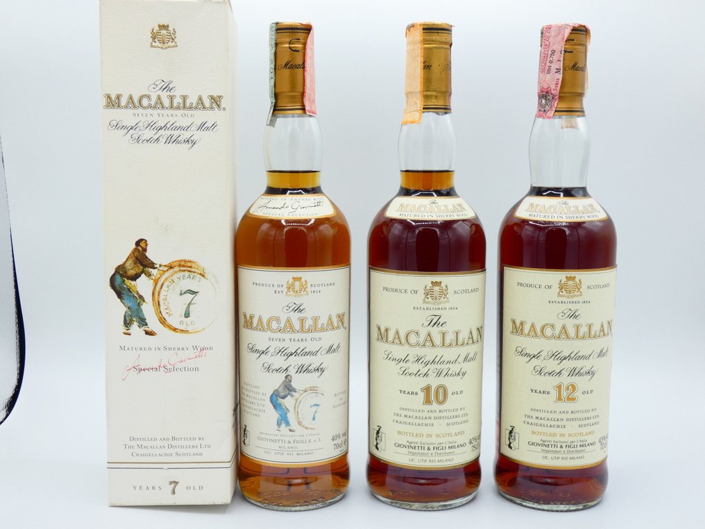 Macallan 7 years old , 10 years old (1980s) & 12 years old  - b. 1990er Jahre, 1980er Jahre - 75 cl - 3 flaschen #1.0