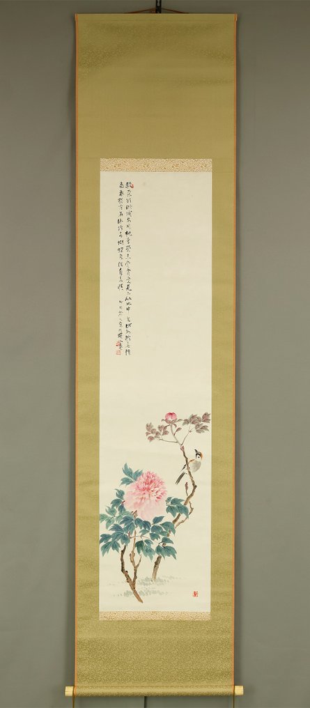 Peonies and Sparrows with Original Double Box (Tomobako) - Mizuta Chikuho 水田竹圃 (1883-1958) - Ιαπωνία  (χωρίς τιμή ασφαλείας) #1.0