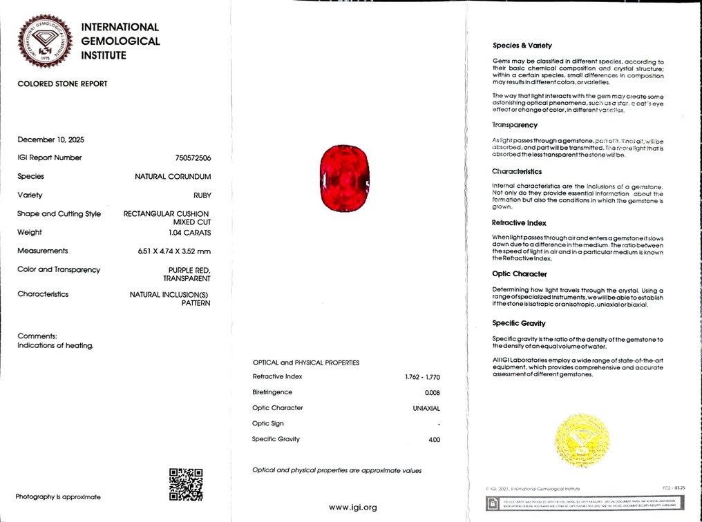 没有保留价 红色 红宝石  - 1.04 ct - 国际宝石研究院（IGI） #2.1