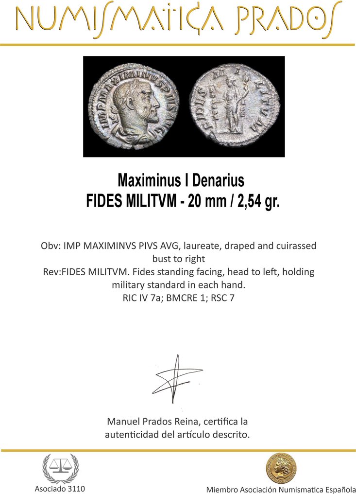 Ρωμαϊκή Αυτοκρατορία. Maximinus Thrax (AD 235-238). Denarius FIDES MILITVM  (χωρίς τιμή ασφαλείας) #1.0
