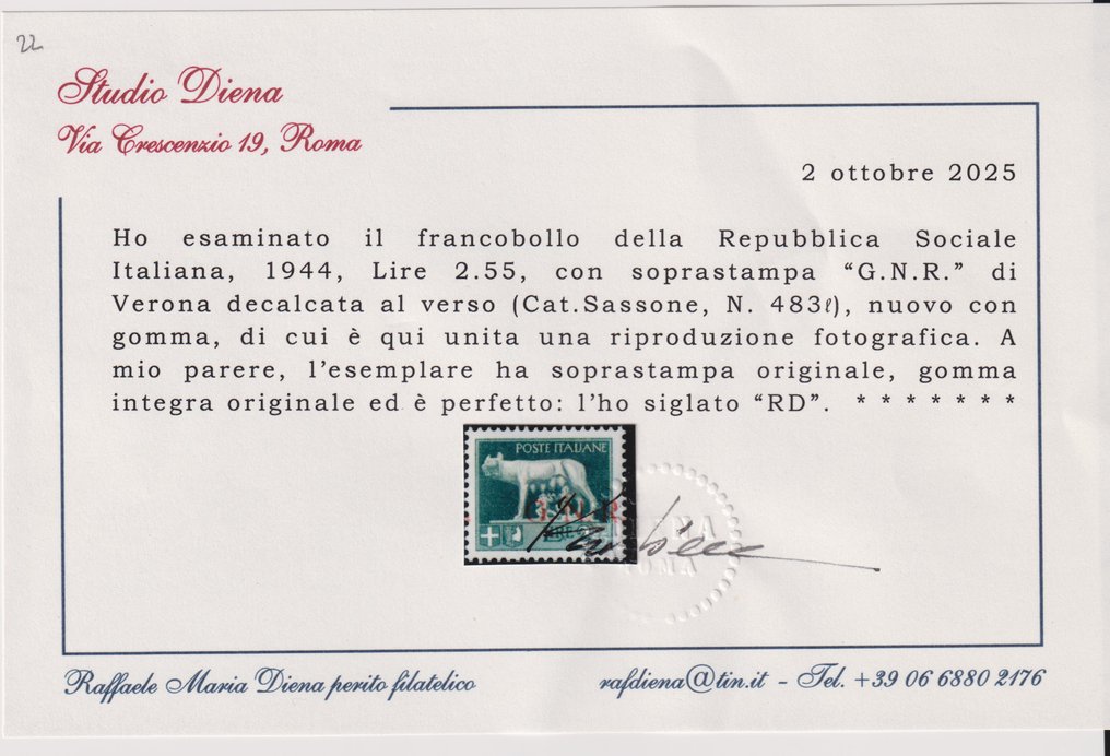 意大利王国 1944/1944 - G.N.R. 里拉 2,55,带贴花,MNH,Diena 认证 - Sassone n° 483r #2.1