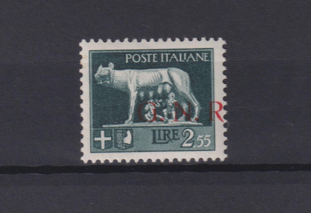 意大利王国 1944/1944 - G.N.R. 里拉 2,55,带贴花,MNH,Diena 认证 - Sassone n° 483r #1.0