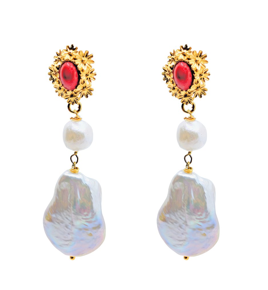 没有保留价 - 耳环 银, Gold-plated, 18 kt. 珊瑚 - 珍珠 - Barocca #4.3
