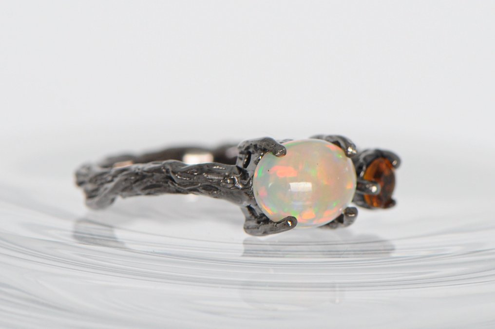 925 Silber schwarz rhodiniert  - Opal - Citrin - Ring #2.1