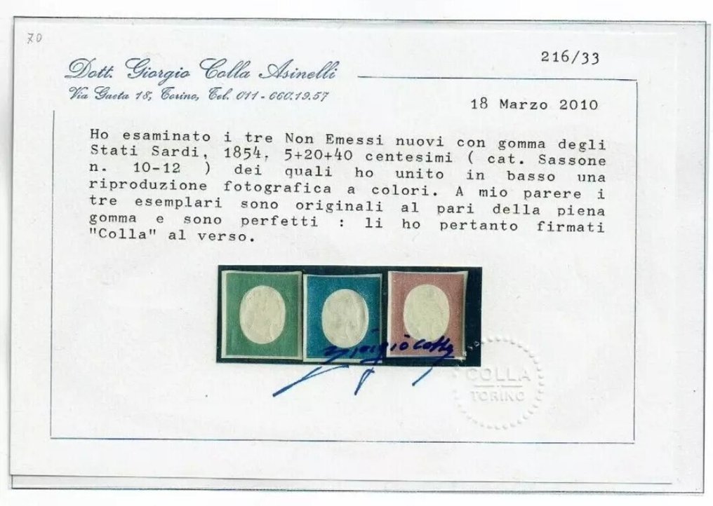 Αρχαία ιταλικά κράτη - Σαρδηνία - 1854 Σαρδηνία σειρά μη εκδοθείσα 5c/20c/40c - Sassone n 10/12. Valore di catalogo 11 mila #4.3