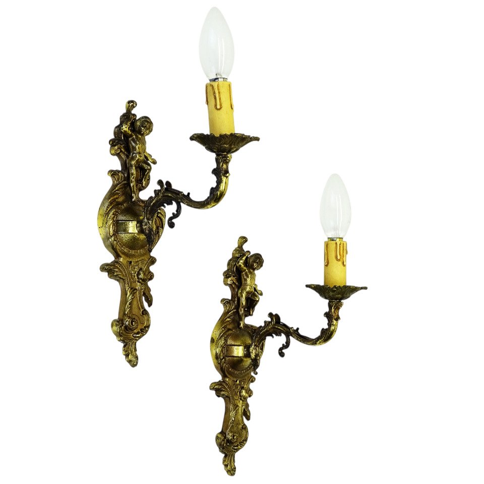 Manifattura Italiana anni 60 - 壁灯 (2) - 两个带有天使的小壁灯 - 铸造黄铜 #1.0