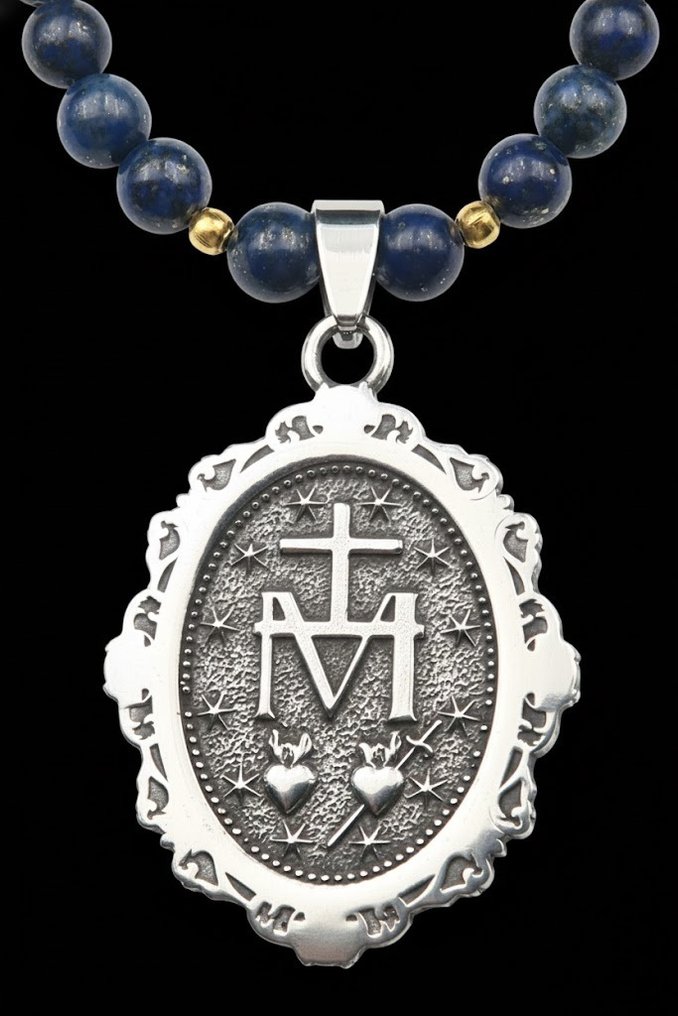 Λάπις λαζούλι - Παρθένος Μαρία: Θαυματουργή Μεταλλική Επιδεσμός, Θεία Χάρη & Ειρήνη της Καρδιάς - Κούμπωμα Χρυσού - Κολιέ με μενταγιόν #2.1
