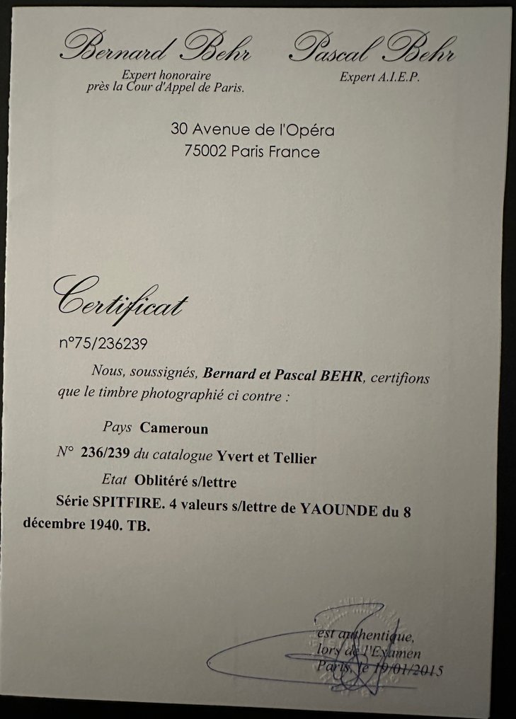 法國－殖民地（一般問題） 1940 - 喀麦隆 SPITFIRE 系列 236/239 #4.3