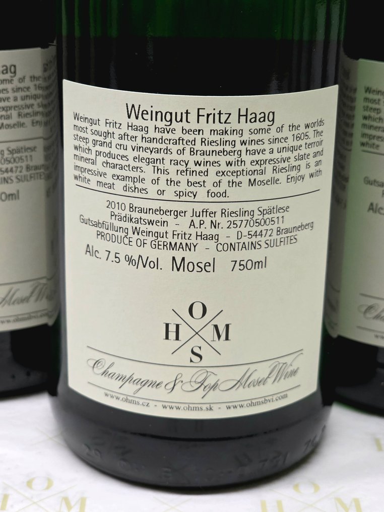 2010 Fritz Haag, OHMS labeled - Brauneberger Juffer Riesling - Μοζέλλας Spätlese - 3 Bottles (0.75L) #3.2