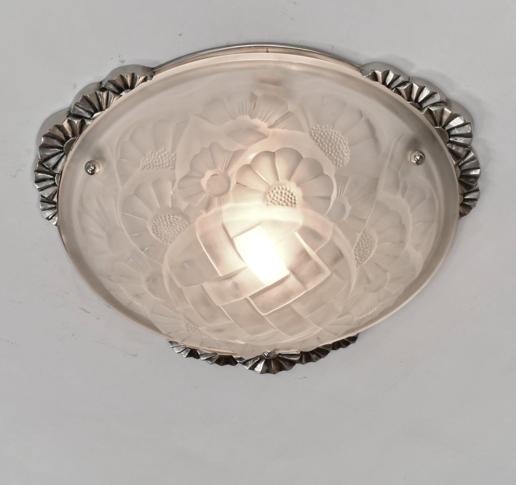 Degué & Hubens -  French art deco plafonnier - Φωτιστικό οροφής - Επιχρυσωμένο με νικέλιο ολόκληρο χαλκό ή μπρούντζο., Γυαλί #1.0