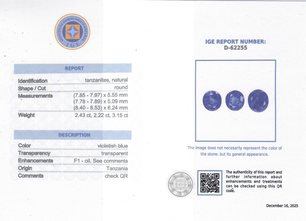 3 pcs  蓝色 坦桑石  - 7.80 ct - 西班牙宝石学院（IGE） #2.1