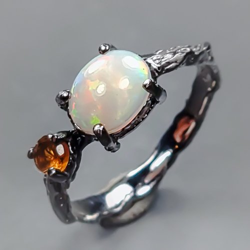 925 Silber schwarz rhodiniert  - Opal - Citrin - Ring #1.0
