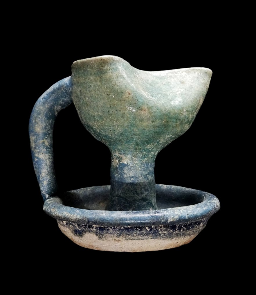 伊斯蘭 塞尔柱时期蓝绿色双彩釉油灯，带有虹彩效果，约10至12世纪 #2.1