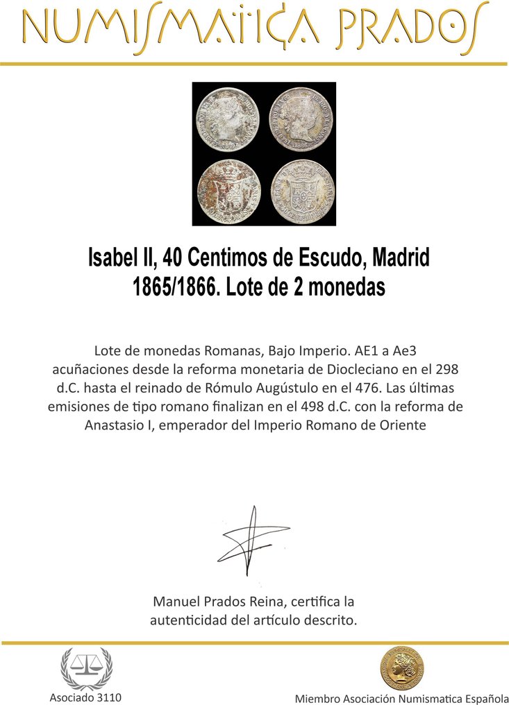 Spanien. Isabella 2.. 40 Centimos de Escudo. Madrid 1865/1866, Lote de 2 monedas  (Ingen mindstepris) #1.0