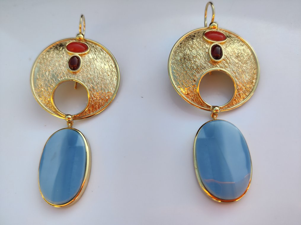 Nincs minimálár - Drop fülbevaló Ezüst - 35.00ct. tw. Opál - Korall - Design Ethnos #1.0