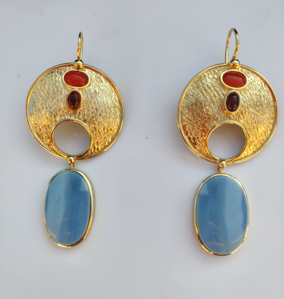 Nincs minimálár - Drop fülbevaló Ezüst - 35.00ct. tw. Opál - Korall - Design Ethnos #3.2