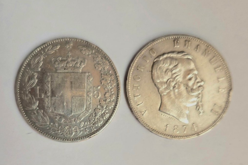 義大利王國 Vittorio Emanuele II , Umberto I. 5 Lire 1874 , 1879  (沒有保留價) #2.1