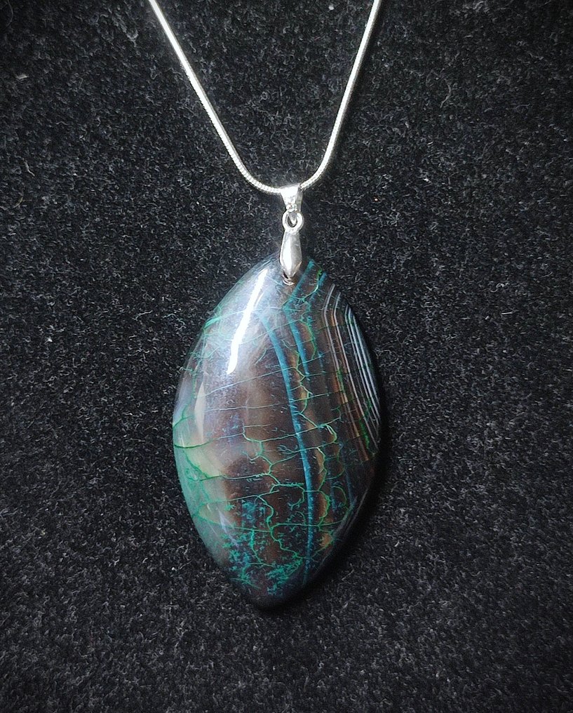 令人惊叹，非常漂亮的带纹龙脉玛瑙吊坠，925银项链，免运费 - 吊墜頸鏈 #3.2