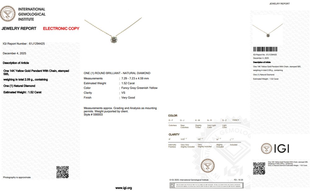 沒有保留價 - 吊墜頸鏈 - 14 克拉 黃金 -  1.52ct. tw. 黃色 鉆石 (天然彩色) #2.1