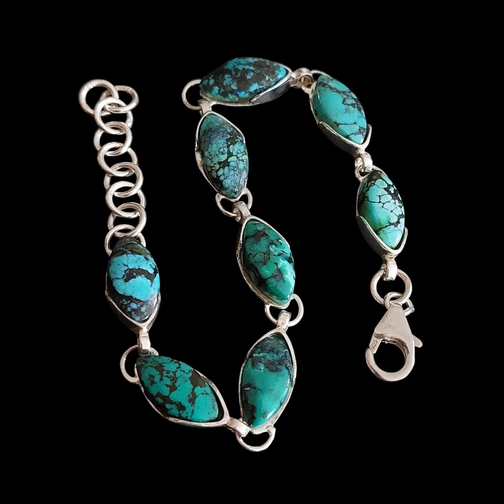 藏族绿松石和925纯银手链。天然石材。 高品质的手工装配。- 8 g #1.0