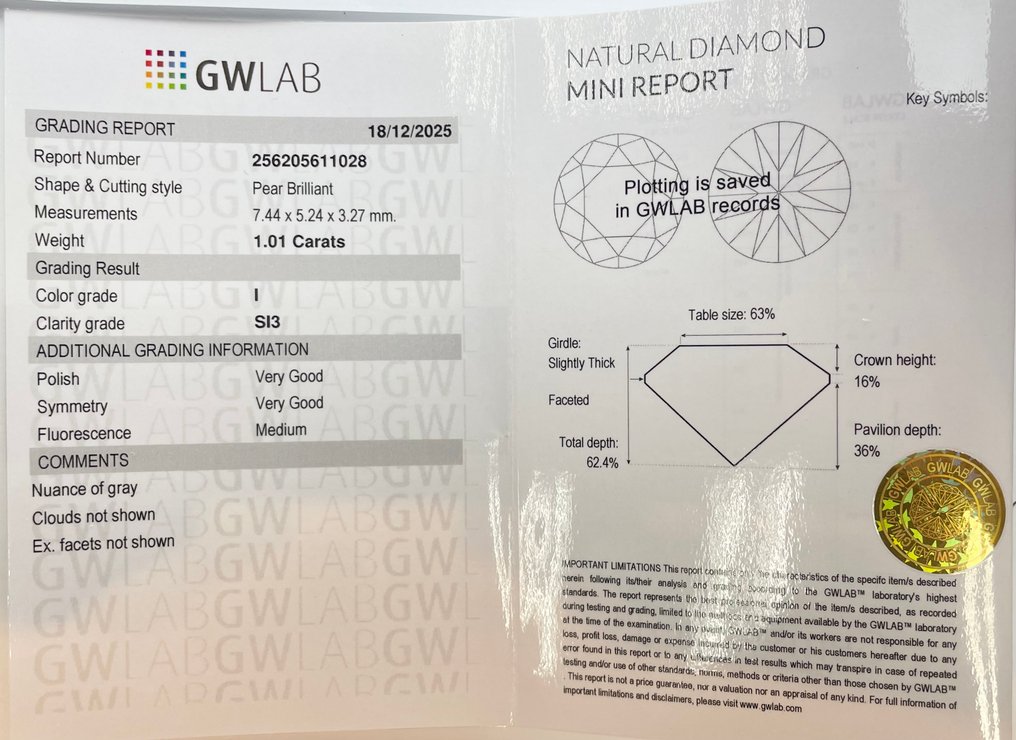 沒有保留價 - 1 pcs 鑽石  (天然)  - 1.01 ct - 梨形 - I(極微黃、正面看為白色) - SI3 - Gemewizard Gemological Laboratory (GWLab) #2.1