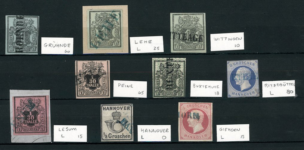 汉诺威 1850/1864 - 一组包含9枚邮票，均以黑色或蓝色的长邮戳盖章。 #1.0