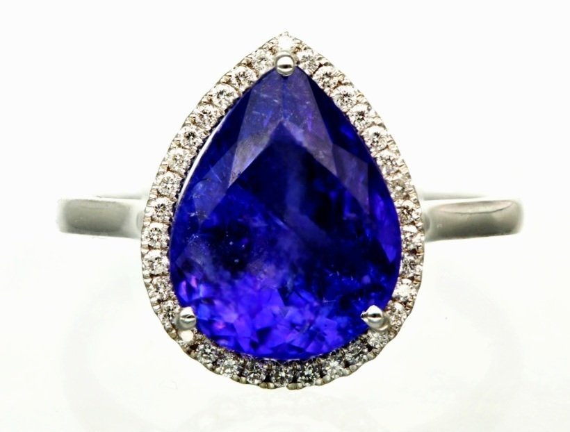 没有保留价 - 戒指 - 14K包金 白金 -  5.95ct. tw. 坦桑石 - 钻石 #1.0