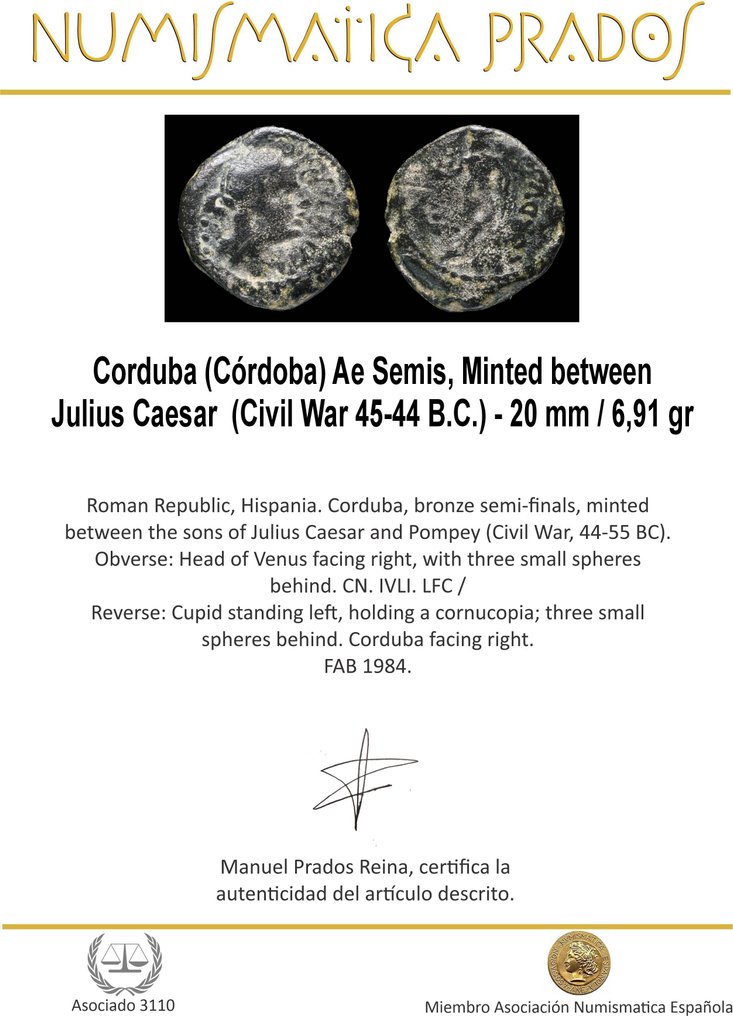 Hispania, Cordvba. Minted between Julius Caesar (Civil War 45-44 B.C.). Semis 46-45 a.C.  (Ingen mindstepris) #1.0