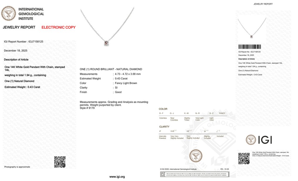 没有保留价 - 吊坠项链 - 14K包金 白金 -  0.43ct. tw. 钻石 (天然色彩的) #3.2