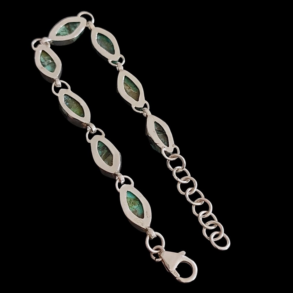 藏族绿松石和925纯银手链。天然石材。 高品质的手工装配。- 8 g #2.1