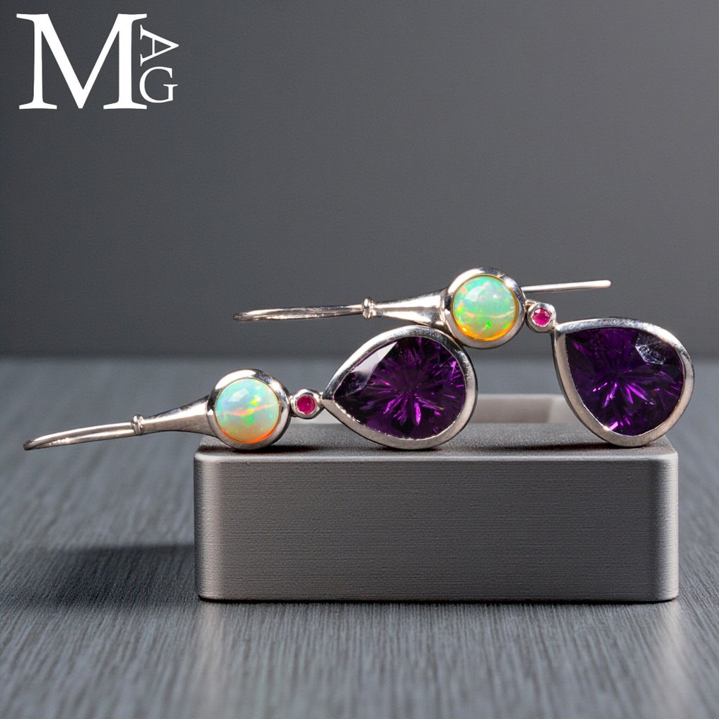 带有埃塞俄比亚蛋白石、红宝石和玻利维亚紫水晶的银耳环 - 高度: 60 mm - 闊度: 16 mm- 20 g #4.3