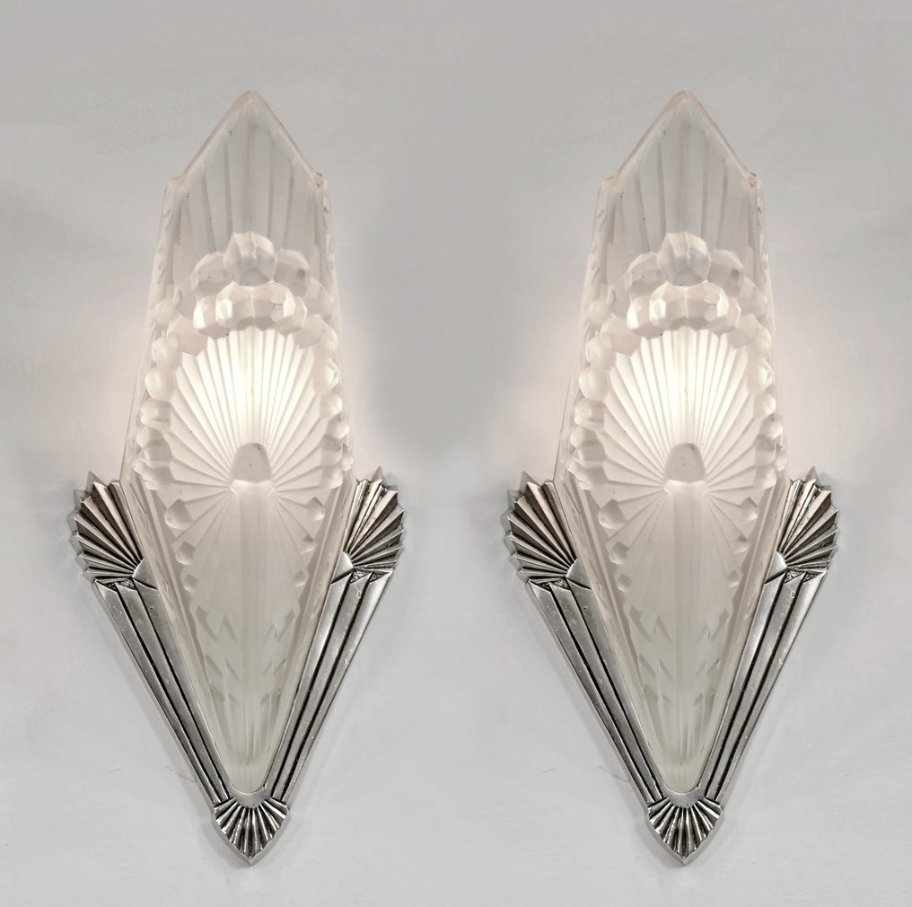 Schneider - a pair of French art deco wall lights - 壁灯 - 玻璃, 镀镍实心黄铜 #1.0