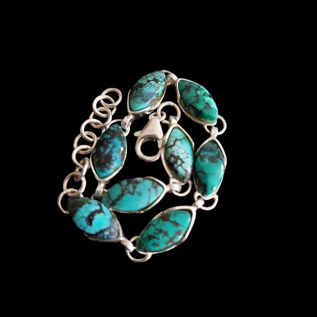 藏族绿松石和925纯银手链。天然石材。 高品质的手工装配。- 8 g #4.3