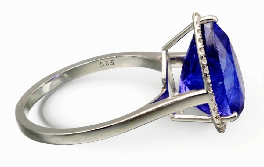 没有保留价 - 戒指 - 14K包金 白金 -  5.95ct. tw. 坦桑石 - 钻石 #3.2