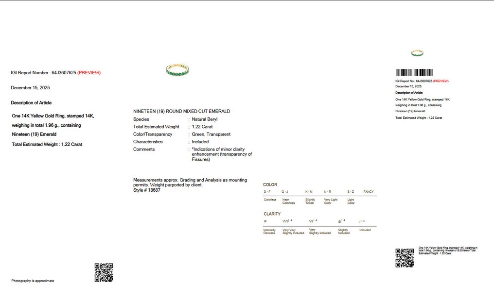 χωρίς τιμή ασφαλείας - Δαχτυλίδι - 14 καράτια Κίτρινο χρυσό - 1.22ct. tw. Σμαράγδι - IGI #2.1