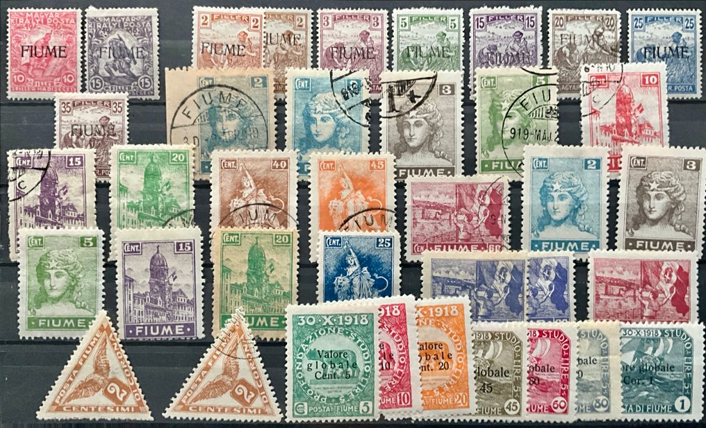 Ριέκα 1918/1924 - Top μέρος σε 6 κάρτες τοποθέτησης με γραμματόσημα από το Fiume, με πολλές διαφορετικές επεκτάσεις. - Michel #3.2