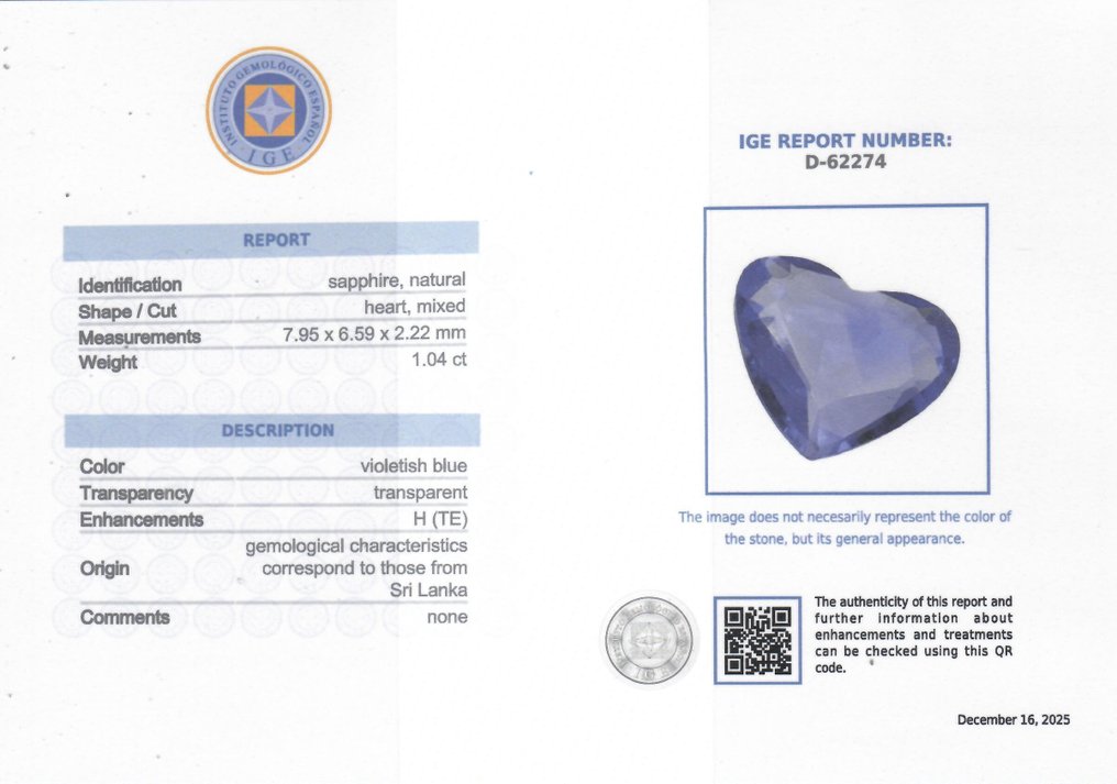 1 pcs  蓝色 蓝宝石  - 1.04 ct - 西班牙宝石学院（IGE） - 斯里兰卡 #2.1