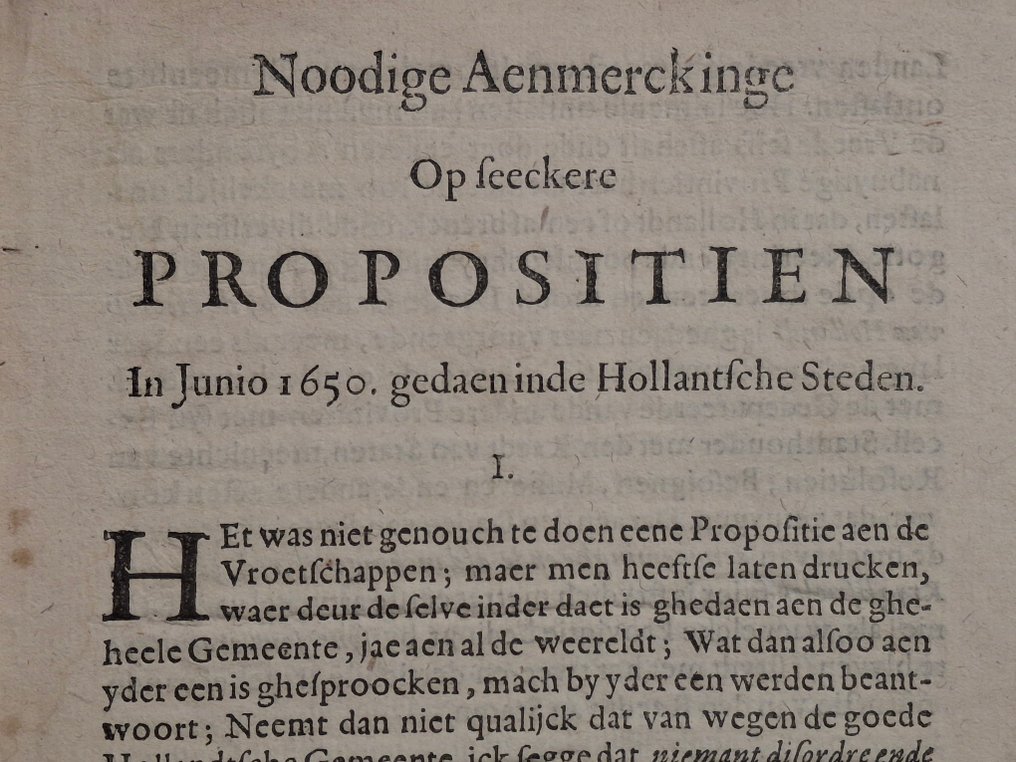 [machtsgreep van stadhouder Willem II] - Aenmerckingen op seeckere propositie in iunio 1650 gedaen in de Hollantsche steden - 1650 #1.0