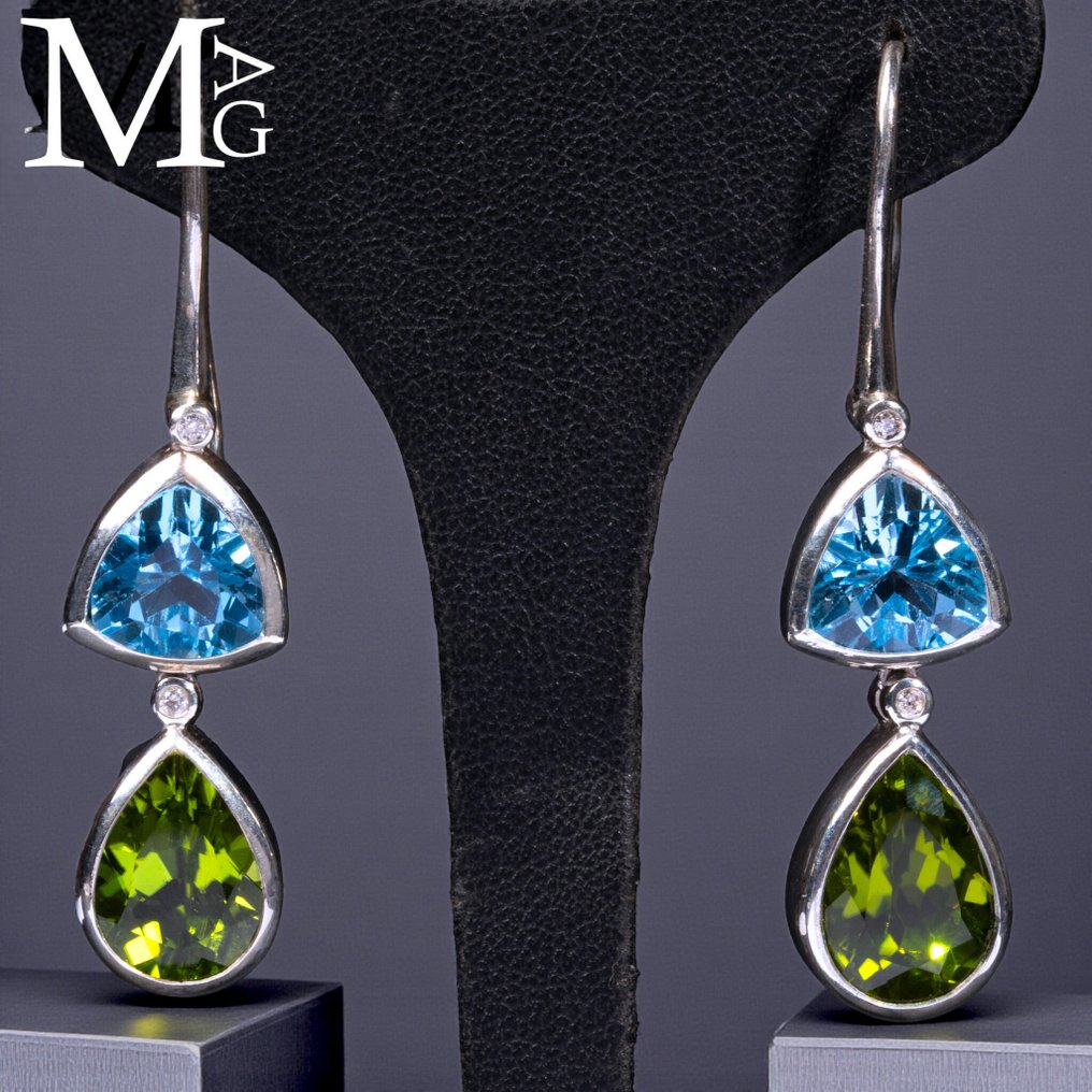 银耳环配蓝宝石、钻石和橄榄石 - 高度: 51.5 mm - 宽度: 12.5 mm- 17 g #1.0