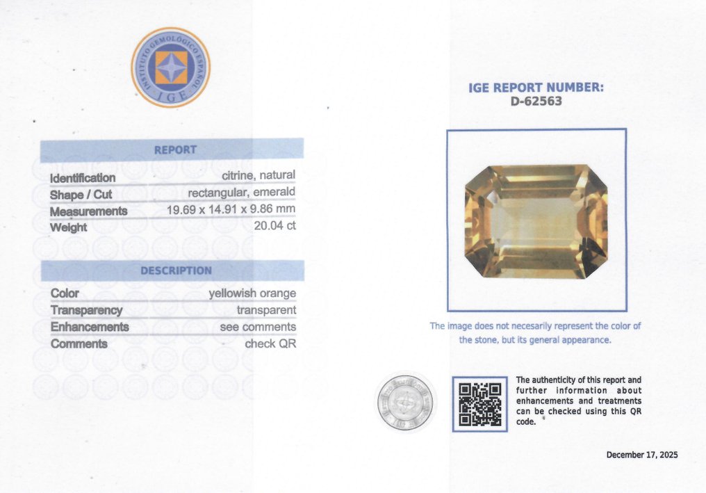 黄色 黄水晶  - 20.04 ct - 西班牙宝石学院（IGE） #2.1