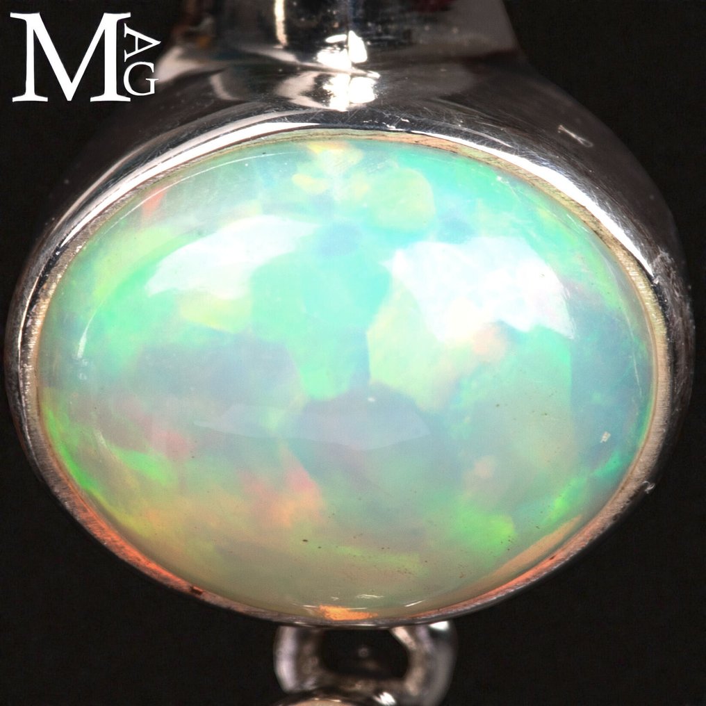 银耳环配拉长石、埃塞俄比亚欧泊和钻石 - 高度: 84 mm - 宽度: 18.5 mm- 28 g #3.2