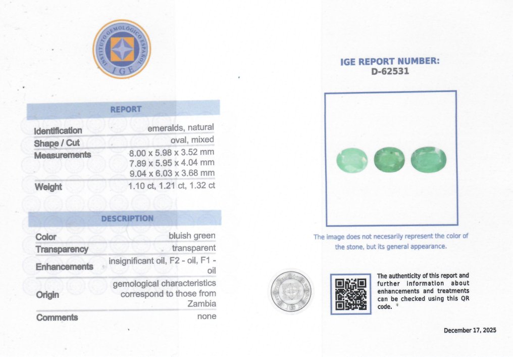 3 pcs  绿色 祖母绿  - 3.63 ct - 西班牙宝石学院（IGE） #2.1
