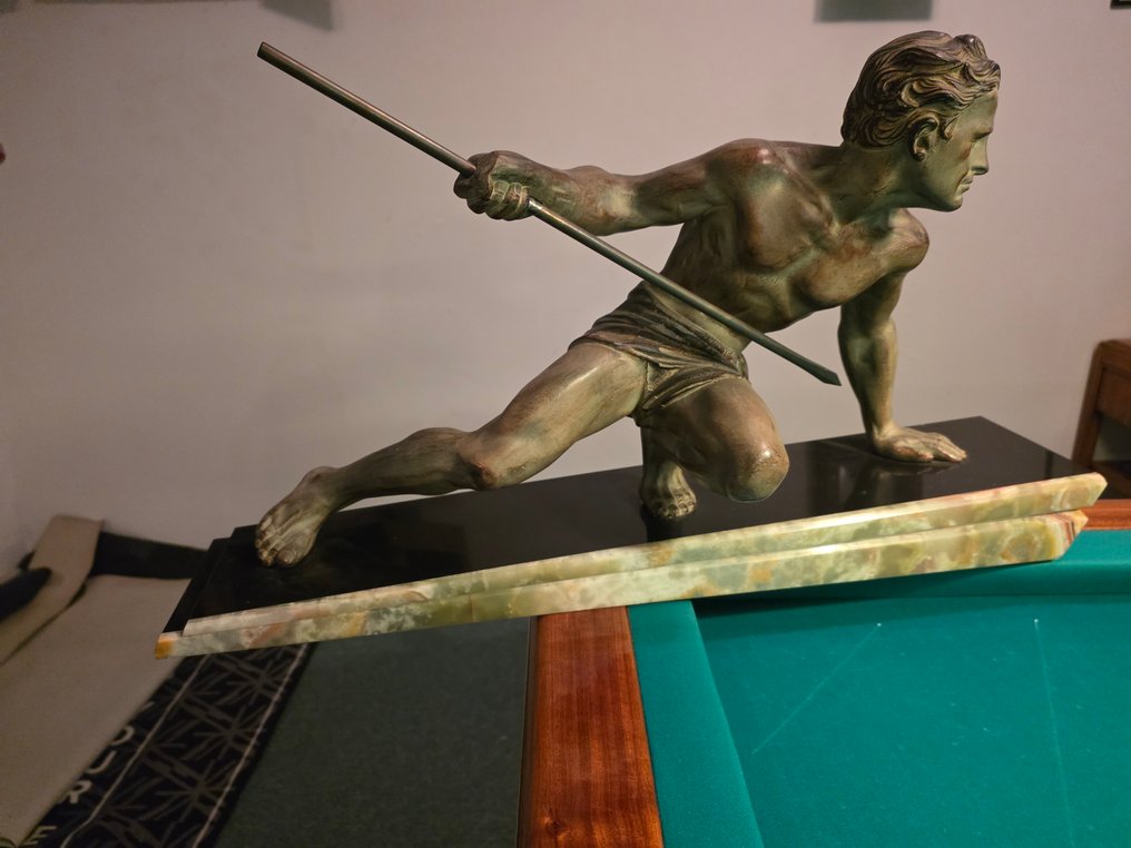 Gustave Louis Buchet (1888-1963) - Άγαλμα, Man met speer - 38 cm - ζαμάκ, μάρμαρο - 1930 #1.0