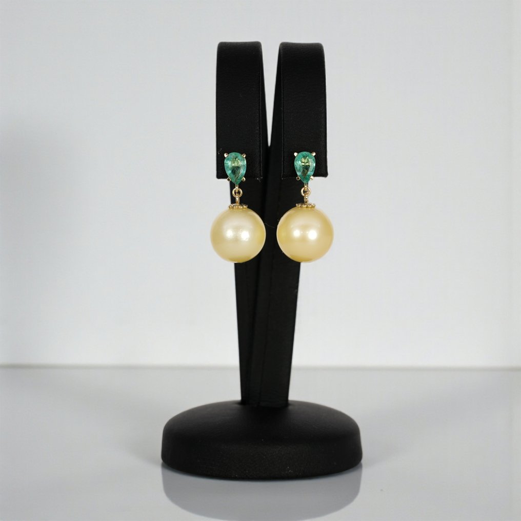 χωρίς τιμή ασφαλείας - Σκουλαρίκια - 14 καράτια Κίτρινο χρυσό Σμαράγδι - Μαργαριτάρι - Σμαράγδια, SSP #4.3