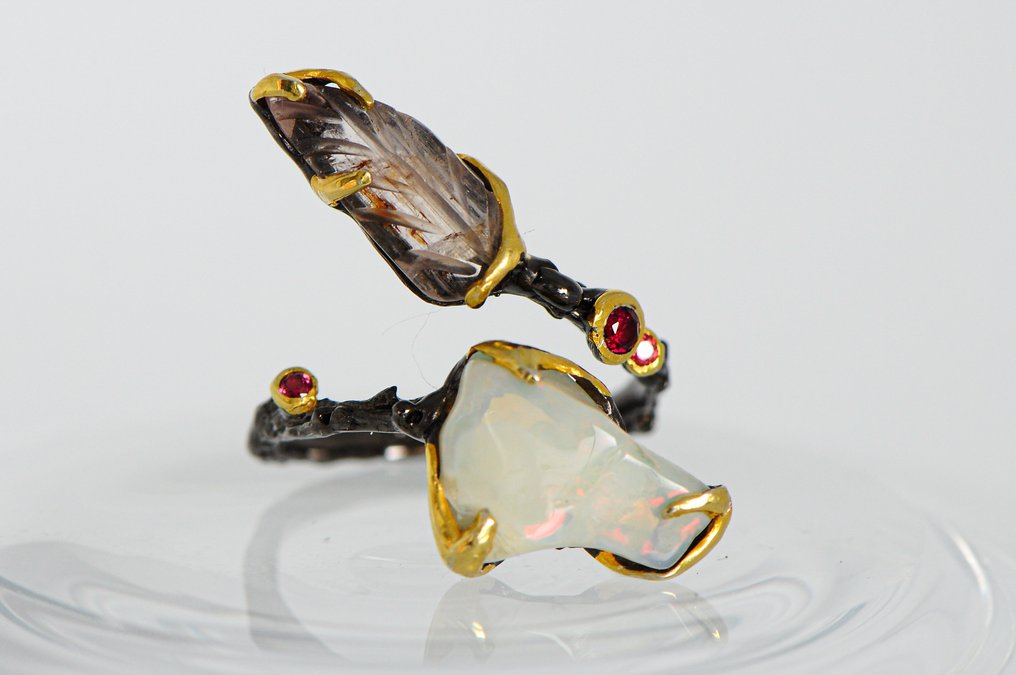 925 银 - 欧泊 - 罗多石 - 电气石 - 戒指 #1.0