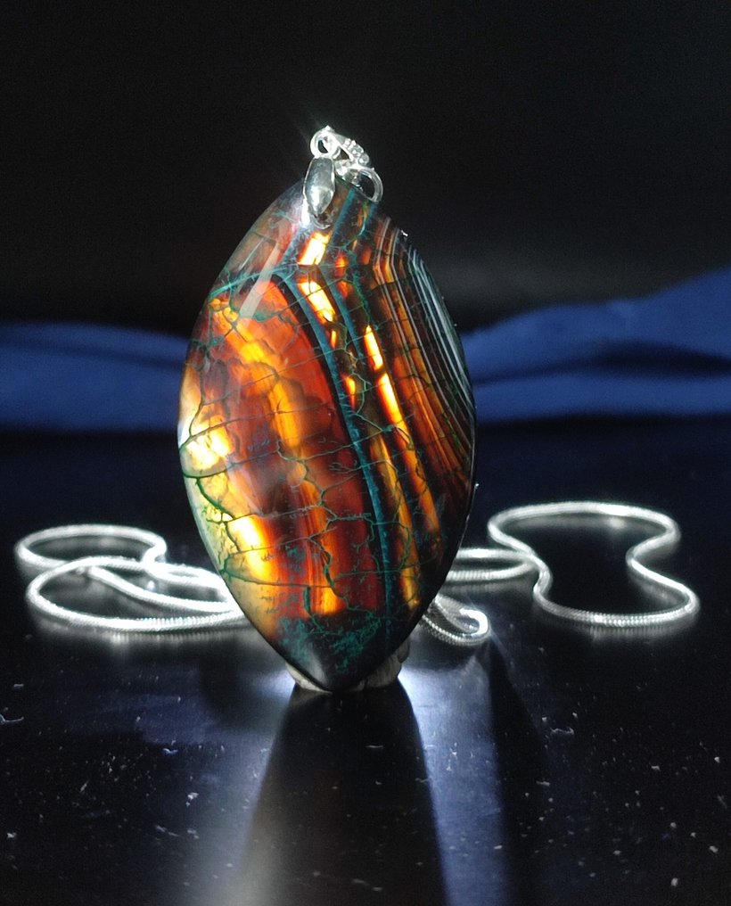 令人惊叹，非常漂亮的带纹龙脉玛瑙吊坠，925银项链，免运费 - 吊墜頸鏈 #4.3